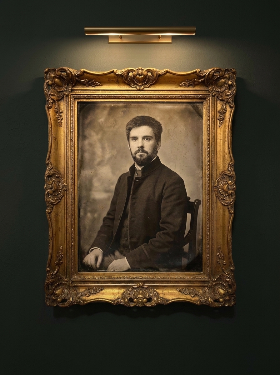 Retrato enmarcado de Mariano Baselga, guionista — fotografía al colodión, c. 1875, en la Colección Baselga
